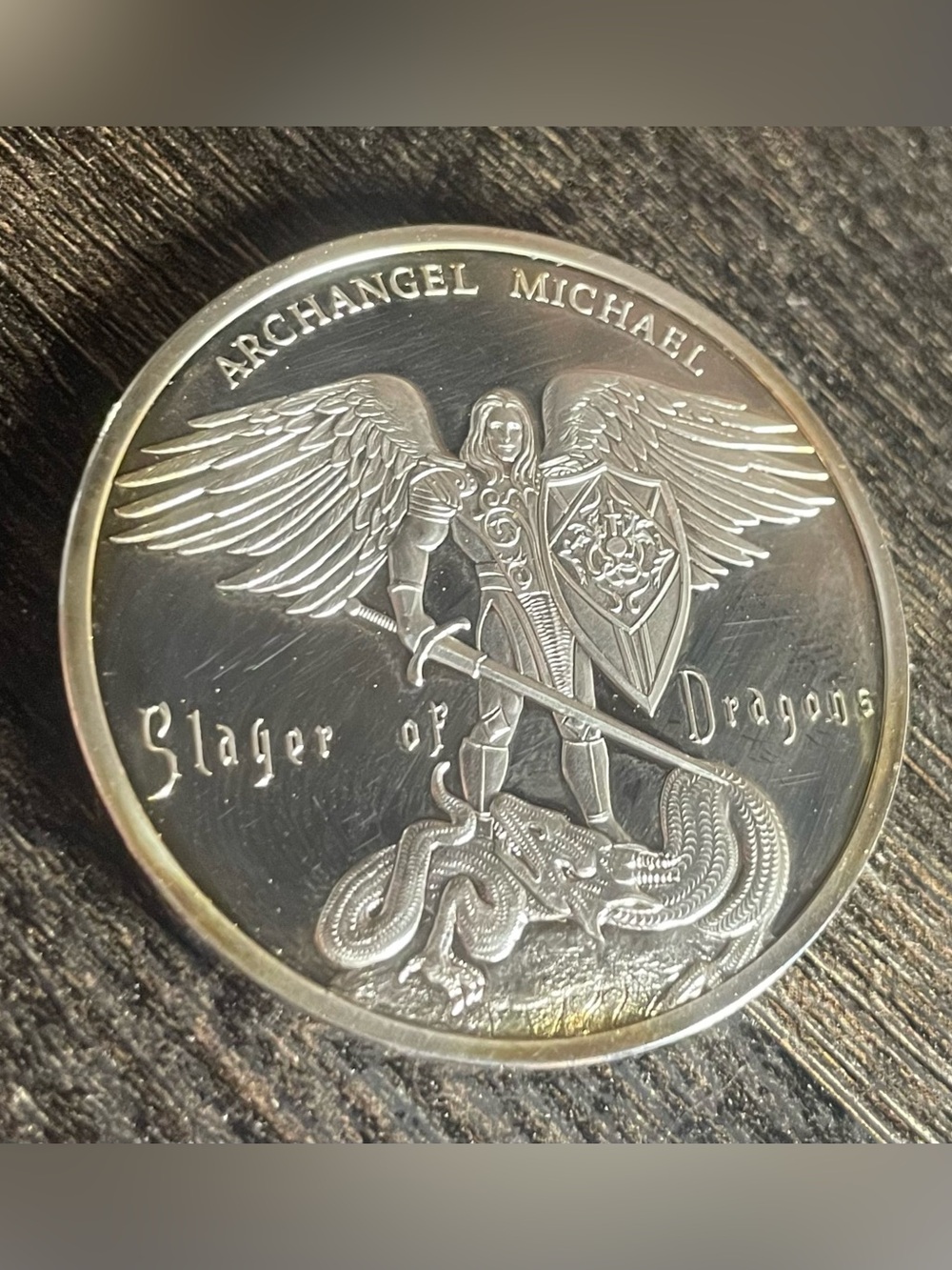 American Mint Archangel Michael Slayer of Dragons Silver Plated Medal Coin Pouch